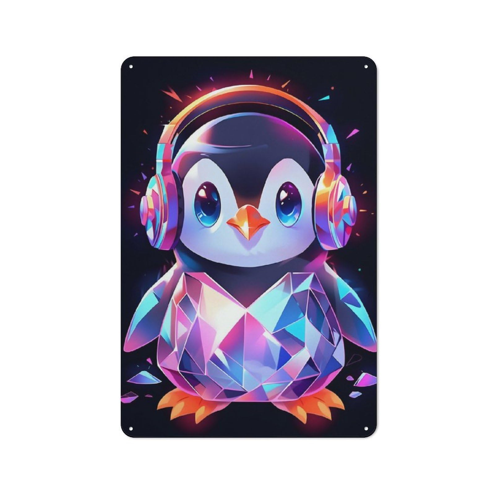 Junmoney Diamond Penguin Headphones For Living Room Or Hallway, Rustic Metal Sign 30X20cm, For Home Interiors, Feature Walls And Decorative Displays