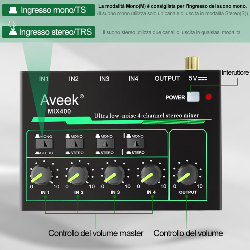 Aveek Mini Line Audio Mixer - Mixer audio piccolo a 4 canali con commutazione stereo/mono e funzionamento a basso rumore per sub-missaggio di precisione, ingresso/uscita TRS da 1/4", ideale per