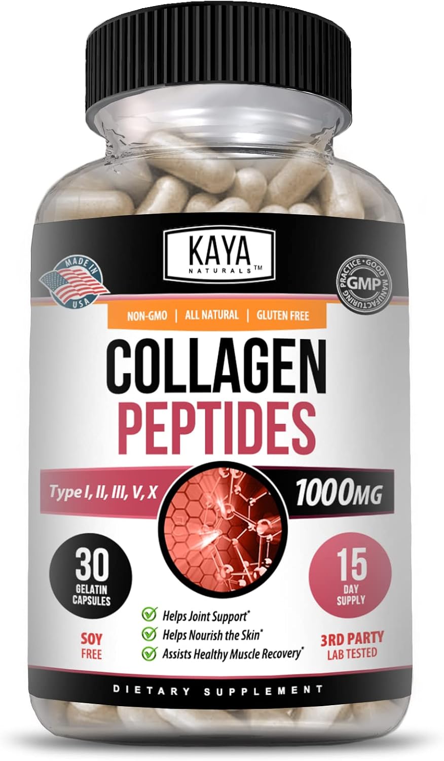 Kaya Naturals Multi Collagen Complex - Collagen for Joints, Hair, Skin, Nails, and Anti-Aging, Types I, II, III, V & X Collagen Protein Blend | Collagen Peptides Capsules - Collagen Pills - 30 Count