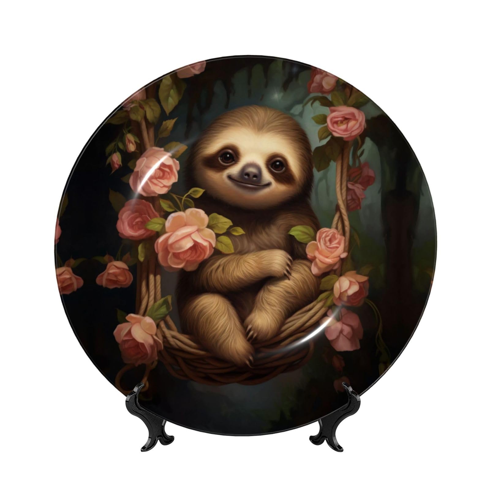 SXZVVBN Sloth surrounded by roses Bone China Decorative Plate Art with Stand Removable Adhesive Hanging for Home Office 7in