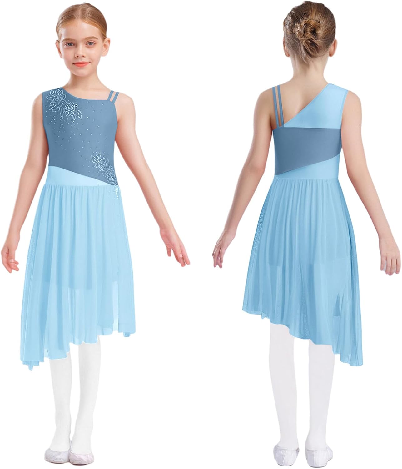 FEESHOW Kids Girls Sequins Flower Lyrical Dance Dress Mesh Ballet Leotard Hi-Low Flowy Skirt Contemporary Dance Costume