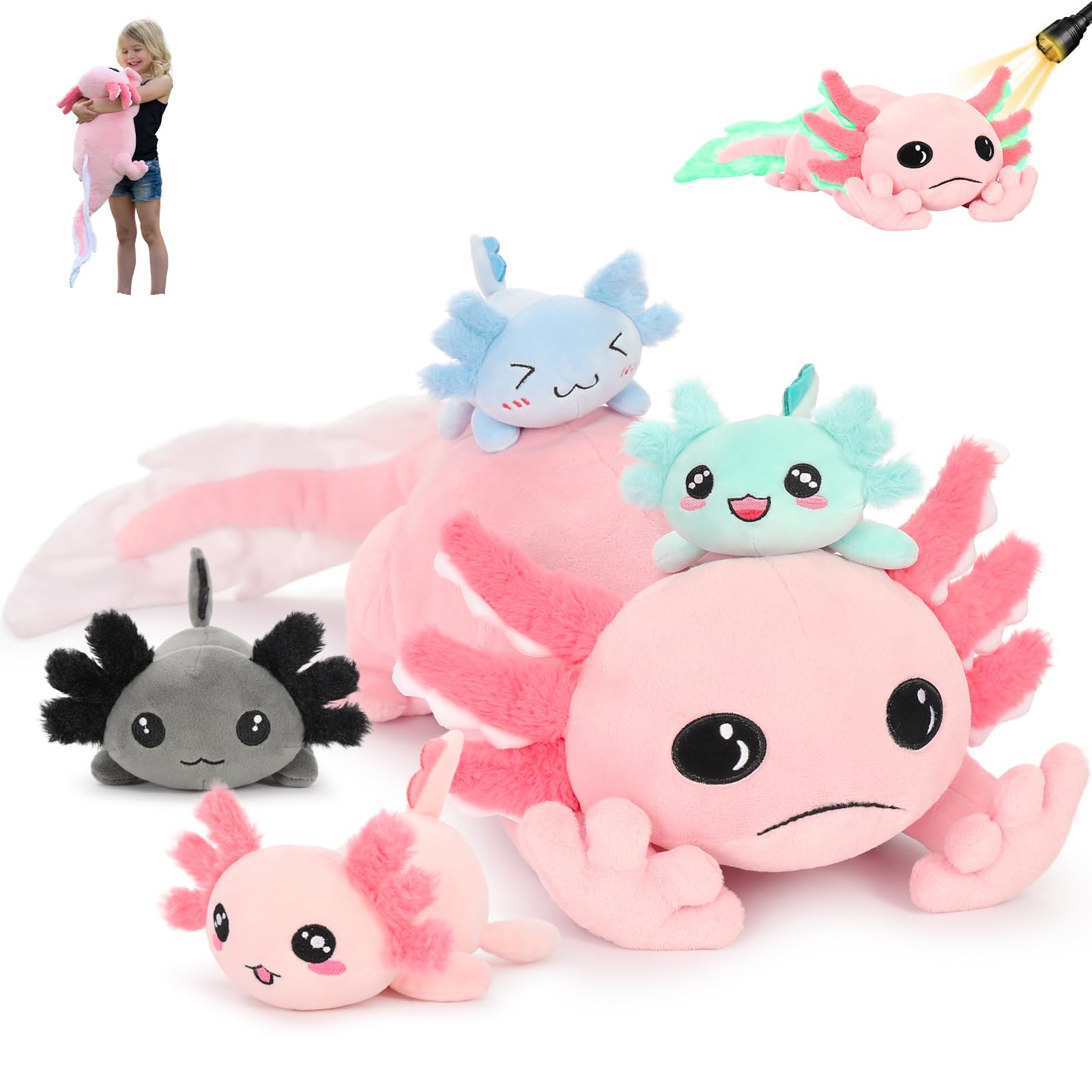 MaoGoLan Pink Axolotl Stuffed Animal with Babies Inside, 31.5", 5Pcs