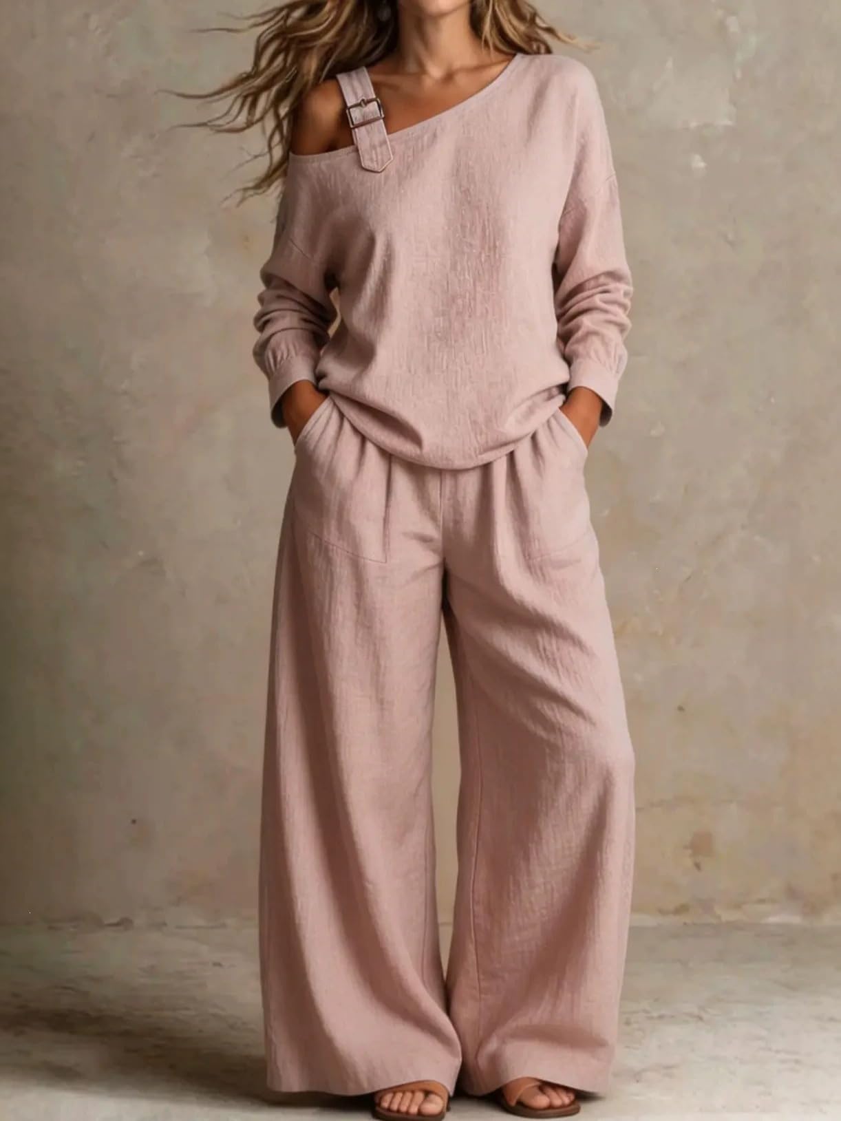 Conjunto De Dos Piezas Para Mujer Con Hombros Descubiertos: Top De Manga Larga Con Un Solo Hombro Y Pantalón De Pierna Ancha. Conjunto Elegante Y Relajado, Ideal Para Viajes, Vacaciones Y Uso Diari
