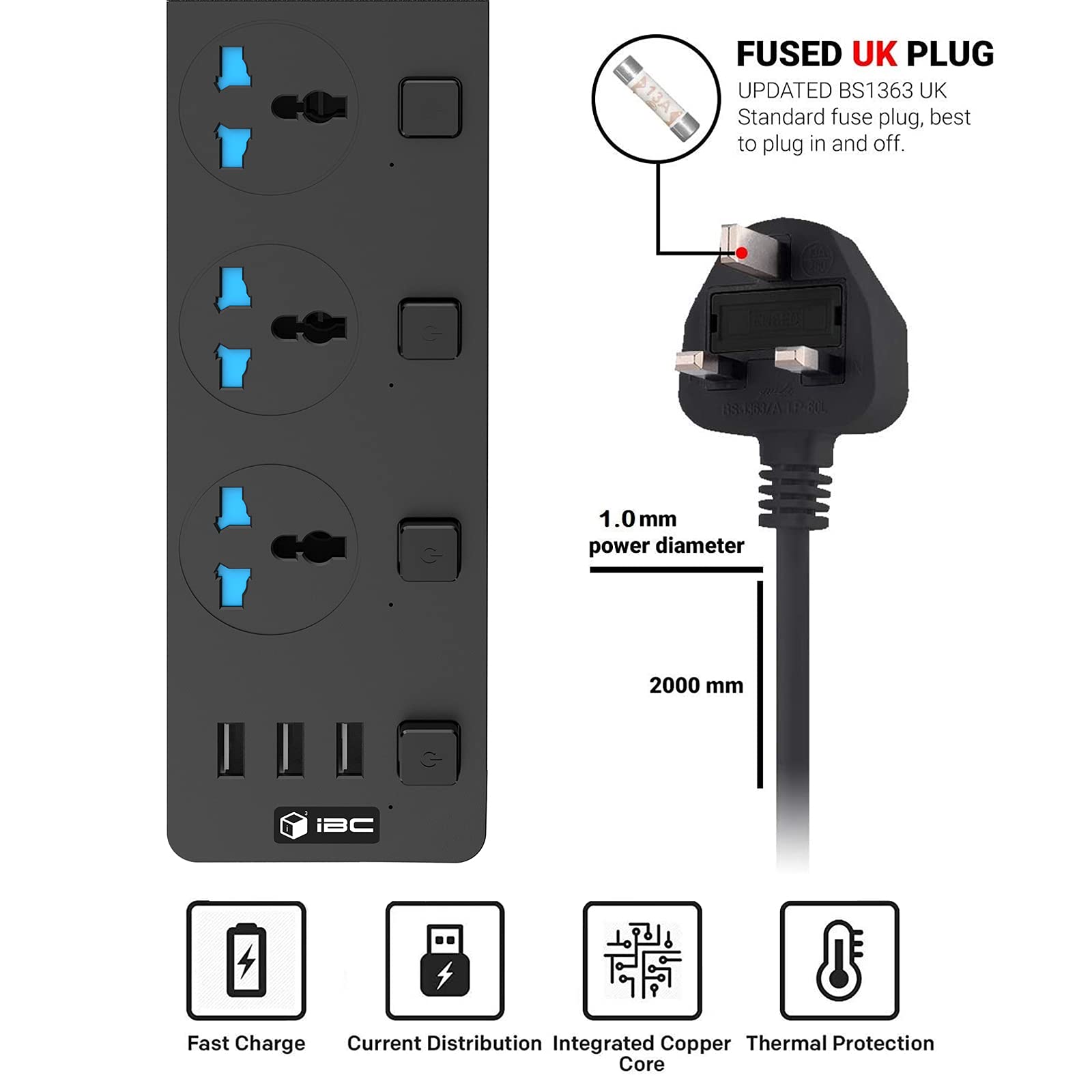 iBlockCube Extension Lead 2M with 3 Way UK Outlets 3 USB Slots Surge
