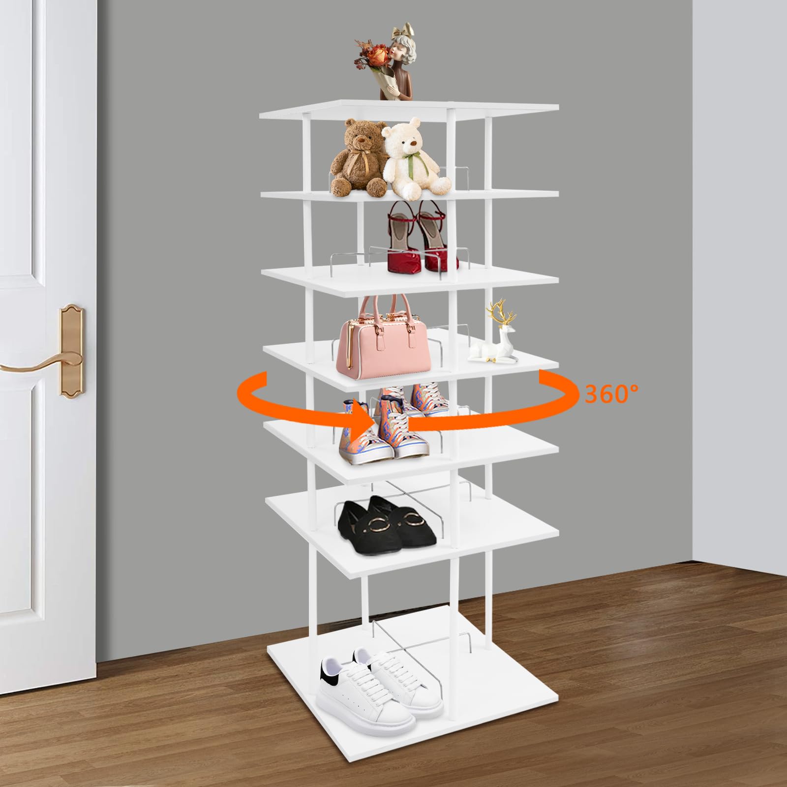 Drehbares Schschrank 6 Ebenen Schuhaufbewahrungsregal 360° drehbar Schuhständer Schuhregal Aufbewahrung weiß Karussell 57x57x155cm für Flur