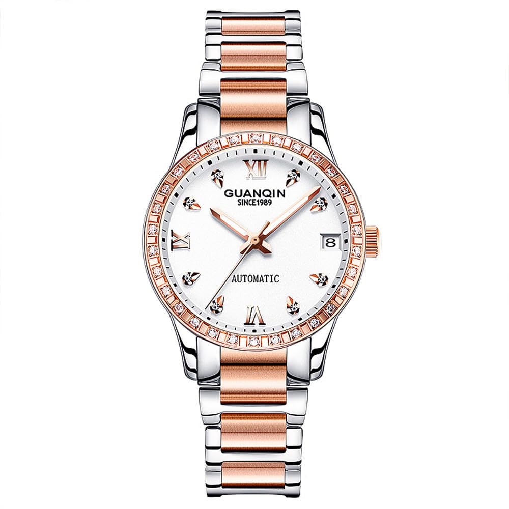Guanqin Vintage Frauen Kalender Leuchtend Automatisch Selbstaufzug Mechanische Armbanduhr Saphir Kristall Strass Business Wasserdicht Uhr Lady Stilvolle Edelstahl Armbanduhr