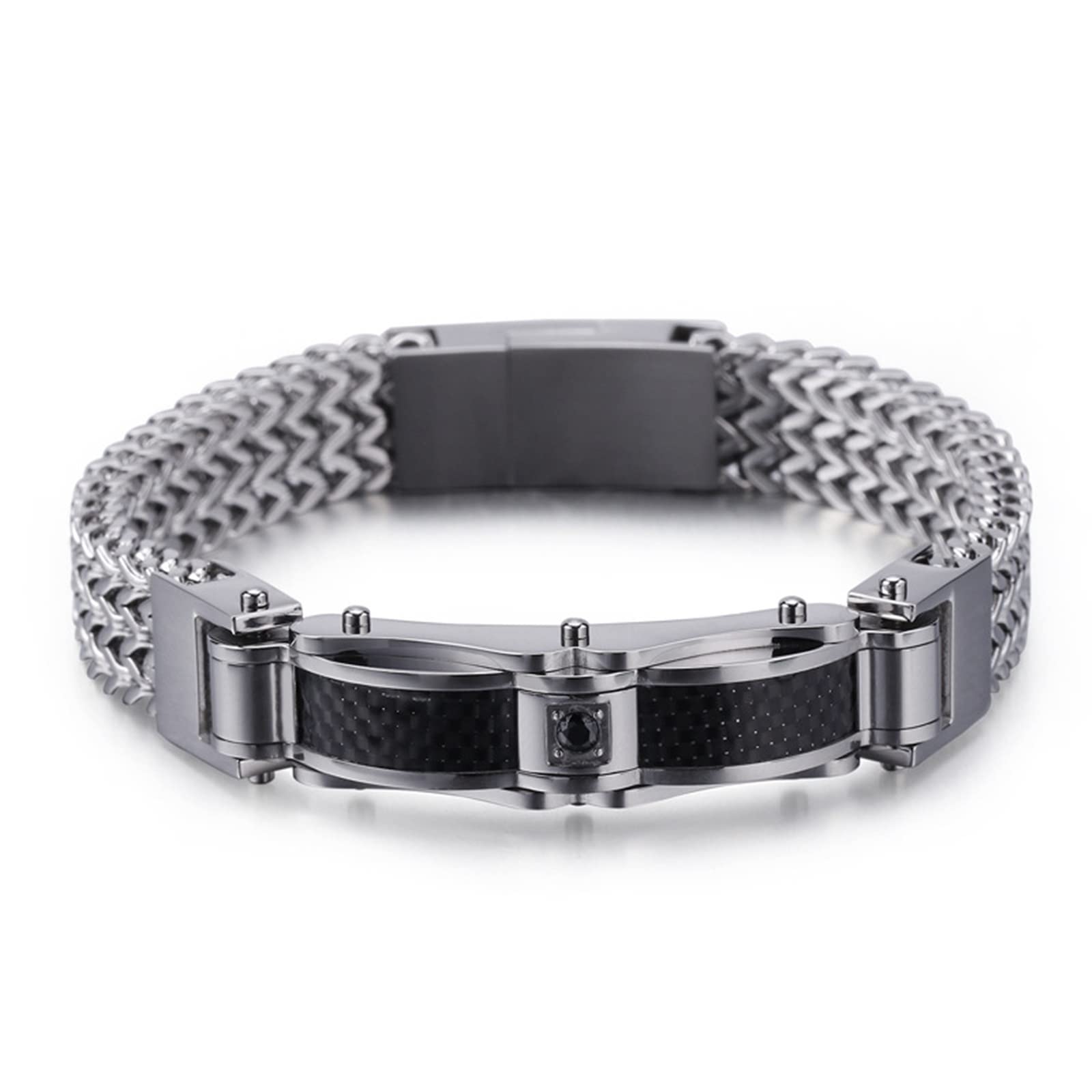 Bracelet Homme Argent Marron Foncé， Bracelet Cuir Homme Tissage de Quille Acier Inoxydable Bracelets Jonc