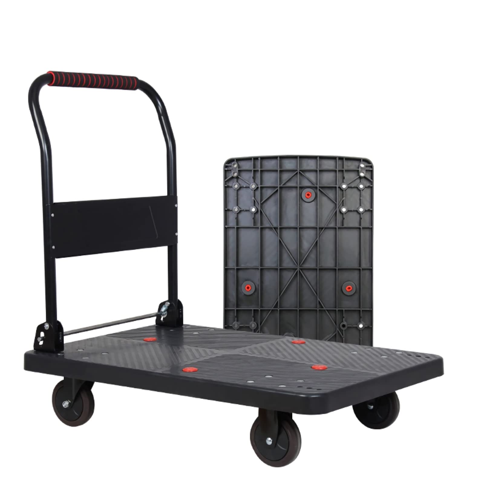 Carrello con piattaforma in plastica, manico pieghevole in metallo, ruote antirumore, capacità 300 kg, ideale per casa, ufficio e magazzino