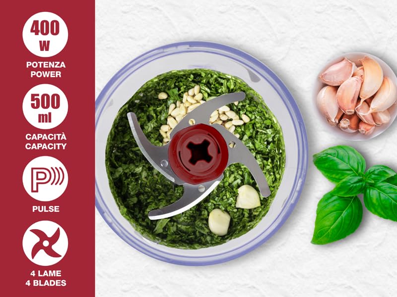 BEPER P102ROB010 Robot de cuisine à deux lames, 400W, Récipient en plastique de 500 ml, Lames en acier inoxydable pour un hachage homogène, Système de sécurité et pieds antidérapants, Alimentation par – Image 3