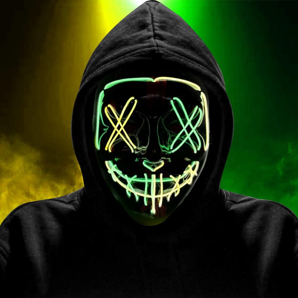 HATFRYF Halloween Masks LED Mask in Multiple Light Modes, Light up Scary Mask, Glowing Horror Smile Masks, Costumes for Men Adults, Anonymous Neon Halloween Gifts - fluorescent green yellow