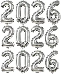 Balão Número 2026 Metalizado Mylar para Decoração de Festa, Ano Novo, Formatura ou Reveillon – Cores Dourado, Prata, Branco – Tamanhos 16", 32", 40" (PRATA, 32")
