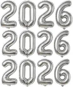 Balão Número 2026 Metalizado Mylar para Decoração de Festa, Ano Novo, Formatura ou Reveillon – Cores Dourado, Prata, Branco – Tamanhos 16", 32", 40" (PRATA, 32")