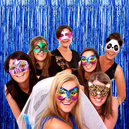 Image of 4 Pack Blue Foil Fringe Curtain Backdrop, 3.28Ftx8.2Ft Metallic Tinsel Streamers for Sea Party, Photo Booth Props, Birthday, 2022 Summer Ocean Theme Party Decoration Supplies