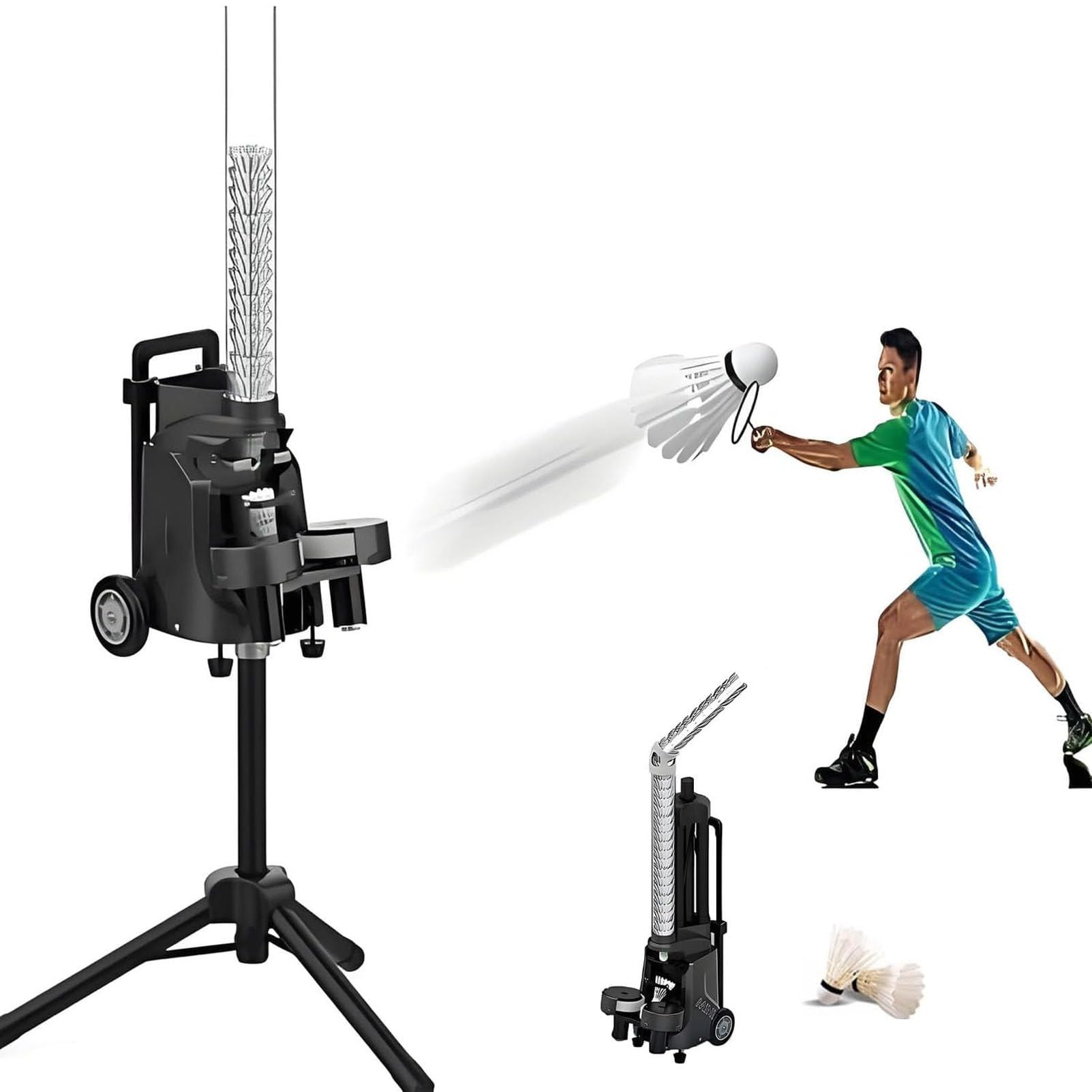 Máquina de entrenamiento de bádminton portátil, dispensador alimentador alimentado por batería con control de aplicación para ejercicios individuales y entrenamiento, perfecta para práctica y