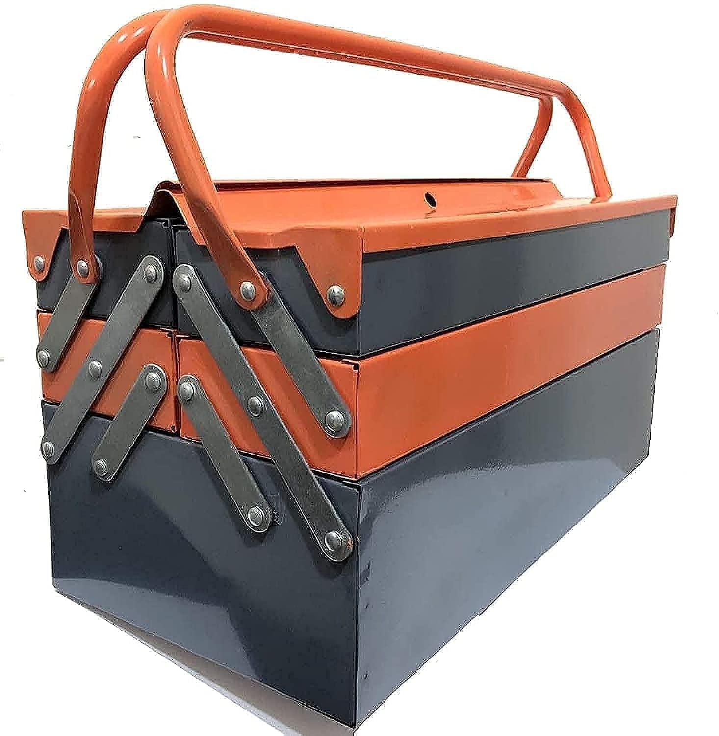 FHT 21" HD Metal Tool Box, Orange Grey Color, 3-Tier Foldable, 5 Compartments, 2.5KG Capacity