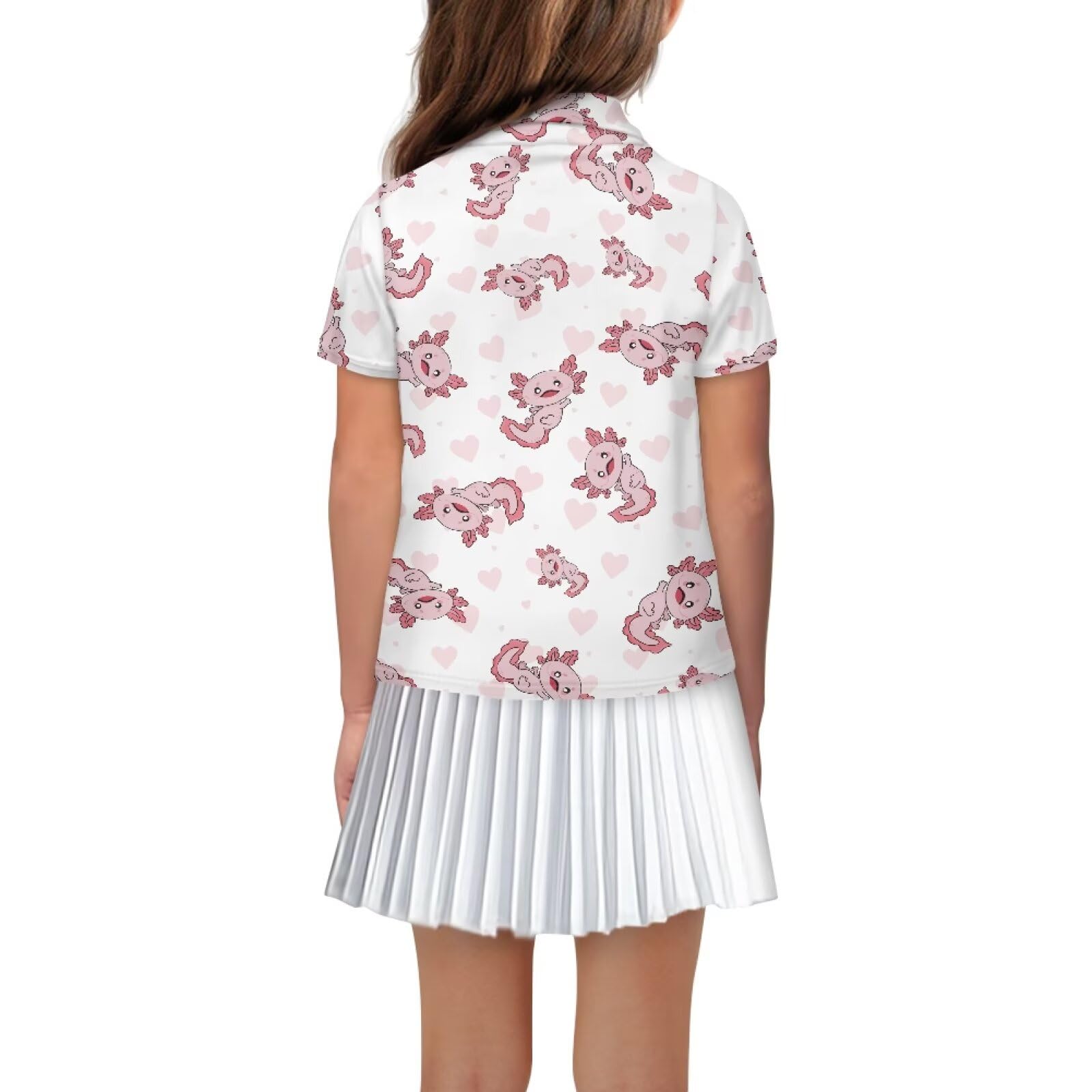 Gzzxiailg Pink Axolotl Girls and Boys Golf Polo Shirts Moisture Wicking Golf Shirts Performance Sport Polo Shirts with Button Sun Protection Golf Tennis T-Shirts