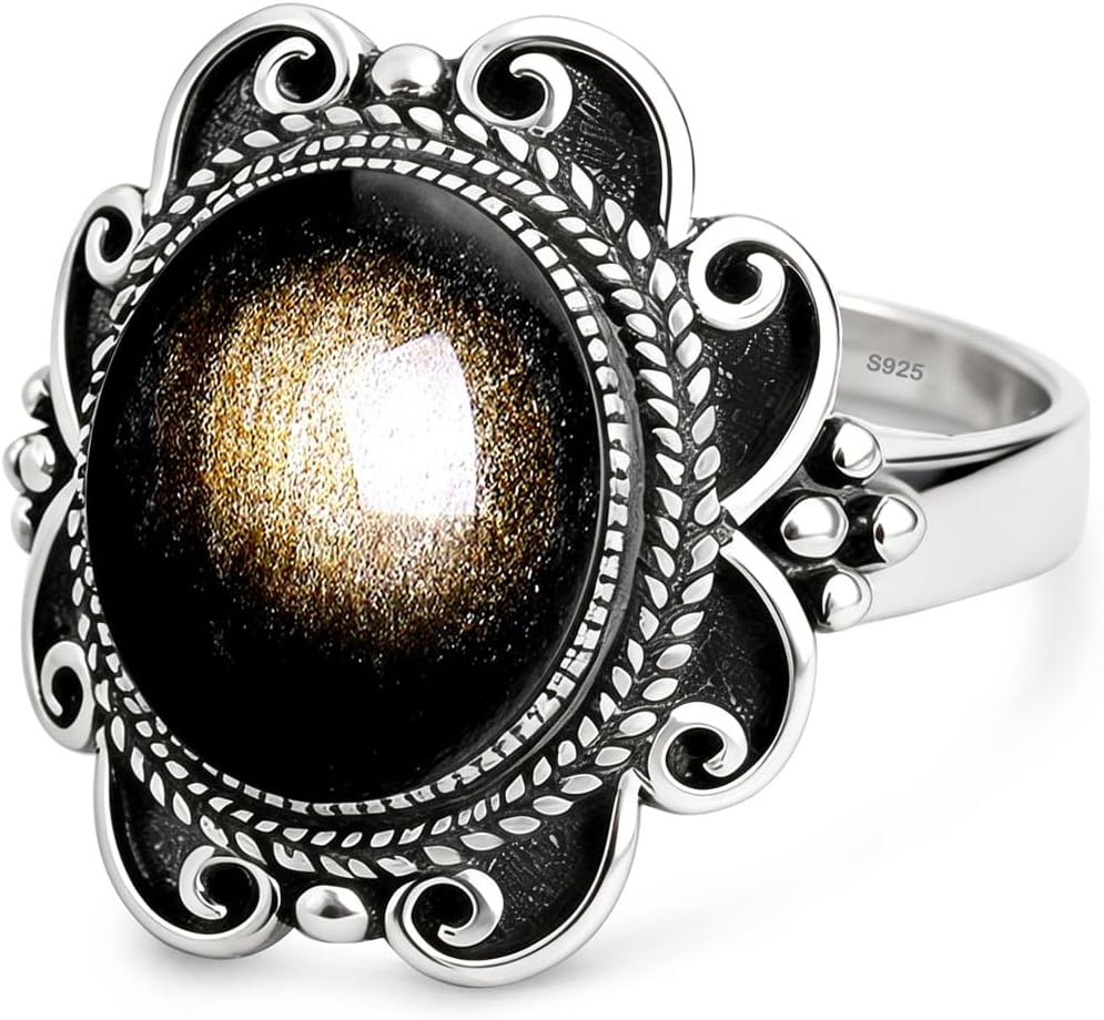 Sterling Silver Natural Stone Ring,Retro Antique Vintage Oval Genuine Real Crystal Quartz Gemstone Wide Boho Bohemian Statement Chunky Ring for Women