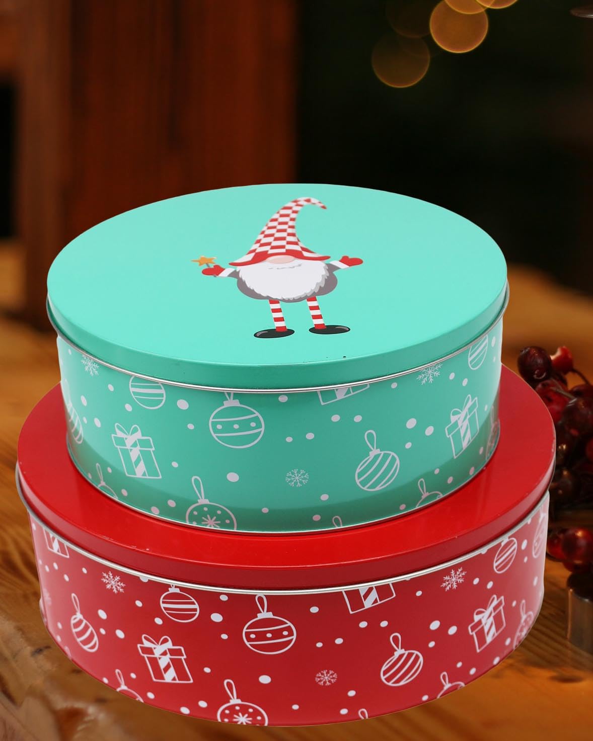 KAMACA 2 er SET XL Keksdosen Gebäckdosen Aufbewahrungsdosen rund praktisch und stillvoll zu Winter Advent Weihnachten (2er Set XL Winter Wichtel)