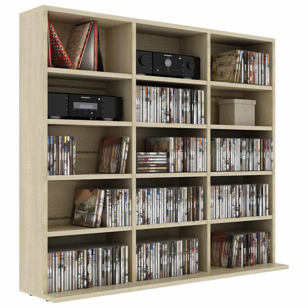 Hothingwell Sonoma dębowa szafka na płyty CD, 100 x 23 x 89,5 cm, 15 otwartych przegródek z litego drewna inżynieryjnego, półka do przechowywania płyt CD, biura lub sypialni