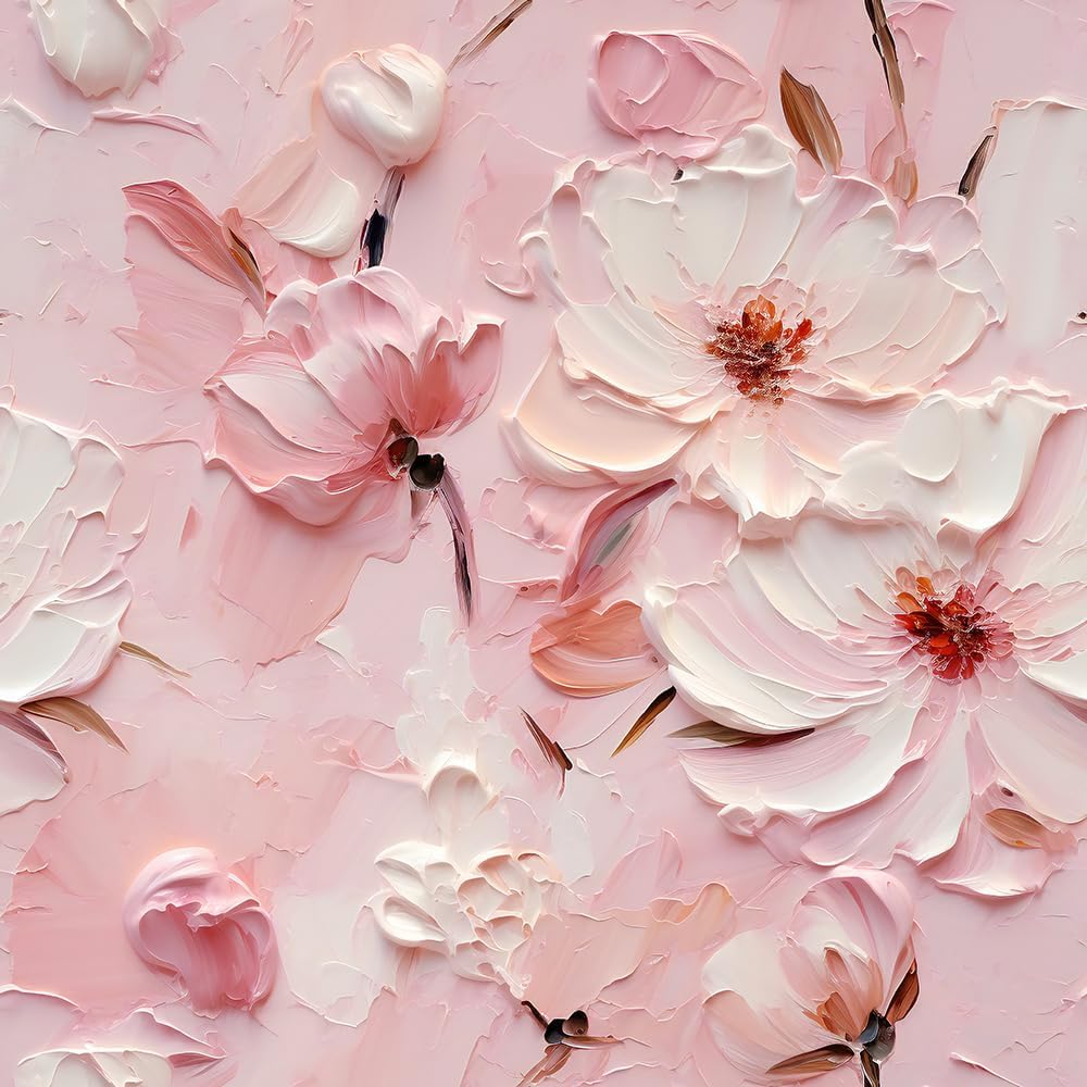 18"x236" White Pink Embossed Flower Oil Painting Peel and Stick Self Adhesive Wallpaper Removable Contact Paper Stick on Easy Peel Off Wall Paper for Kitchen Bedroom Bathroom