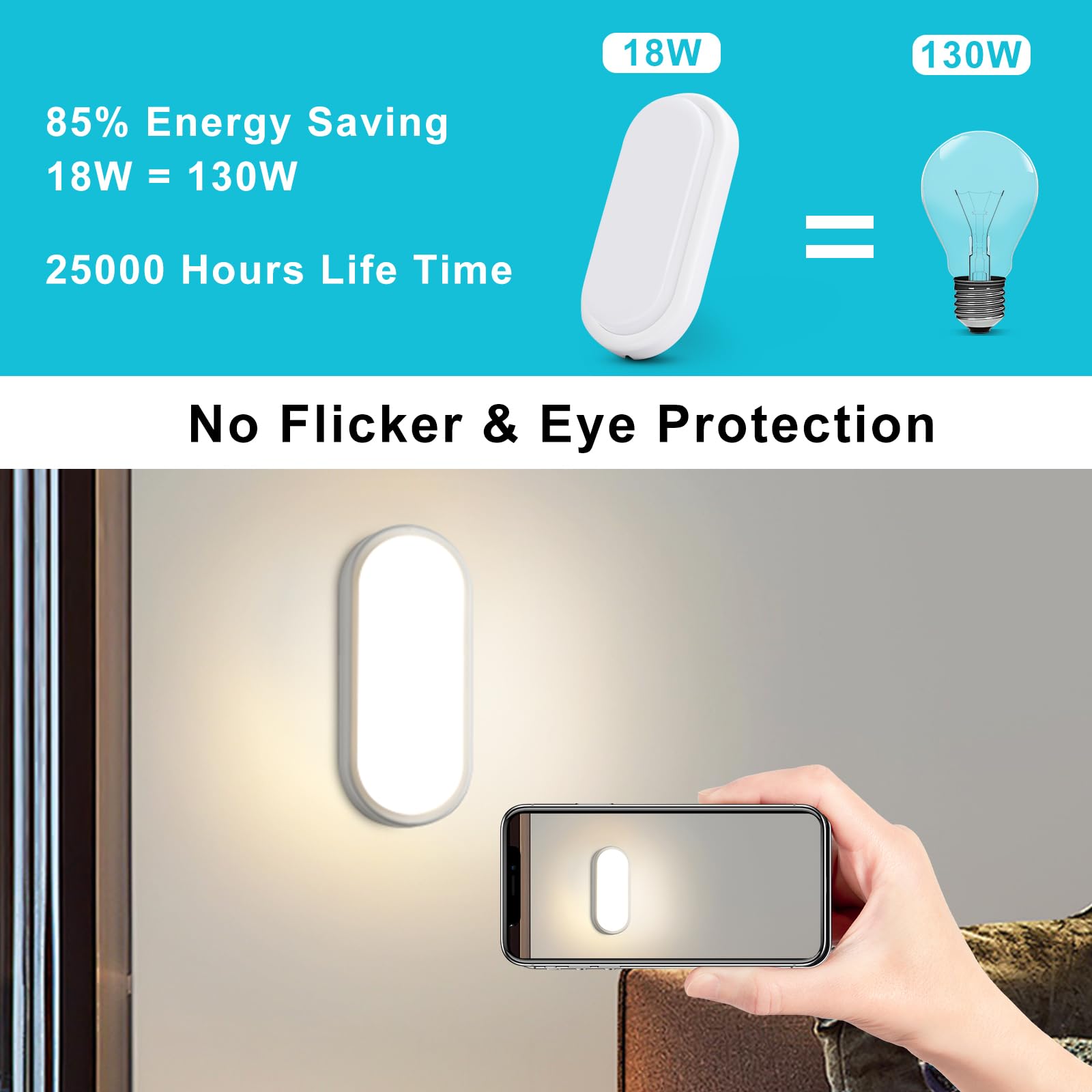 Plafonnier LED Ovale, 18W 1500LM Applique Murale Intérieure, IP54 Plafonnier Salle de Bain, 4000K Luminaires Intérieur, LED Eclairage Lampe Exterieur pour Garage Couloir Cave Terrasse Balcon