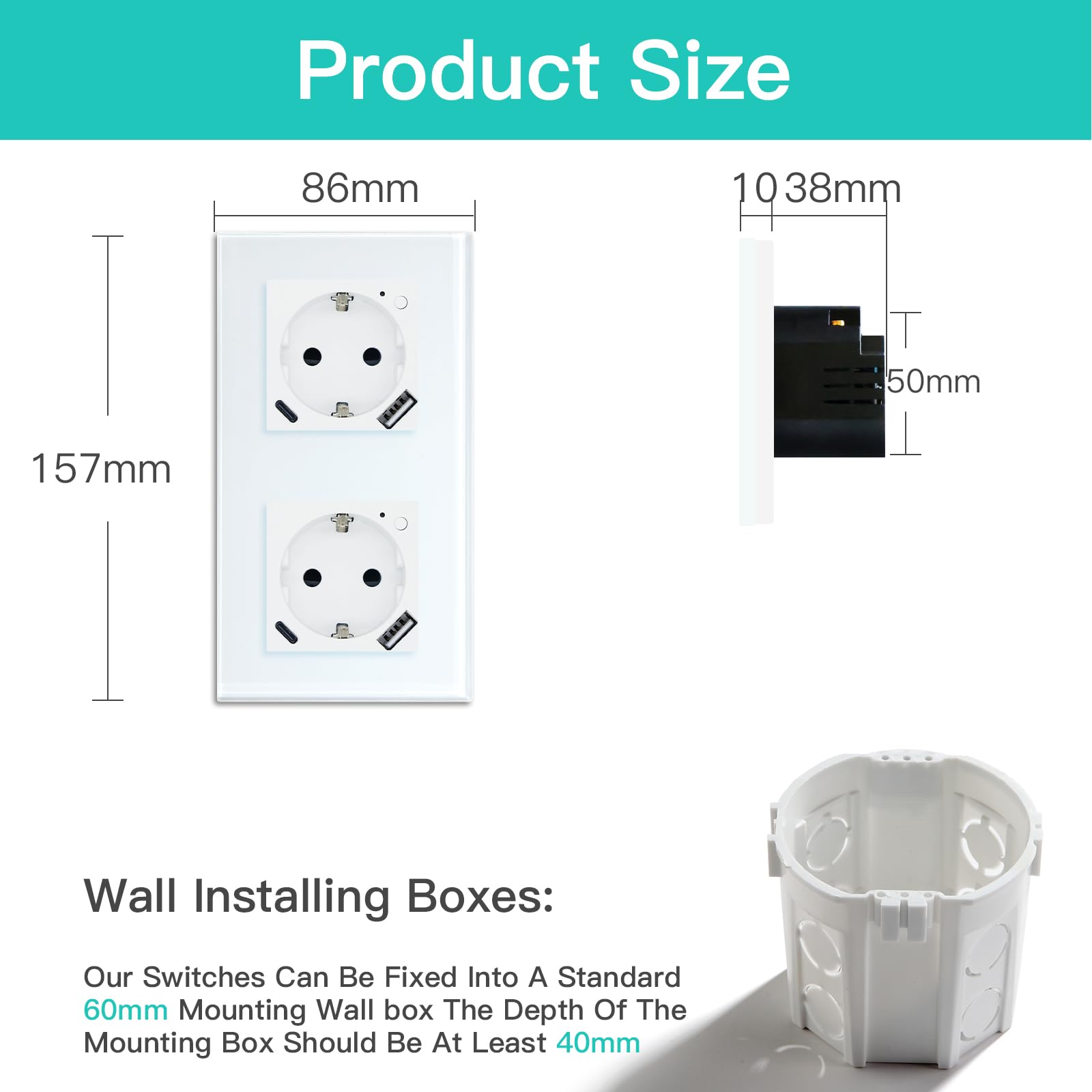 BSEED Prise intelligente avec 20 W USB et type C, Wi-Fi Prises murales avec compteur d'énergie, cadre en verre, 2 prises WiFi avec 20 W USB C, 157 mm Blanc