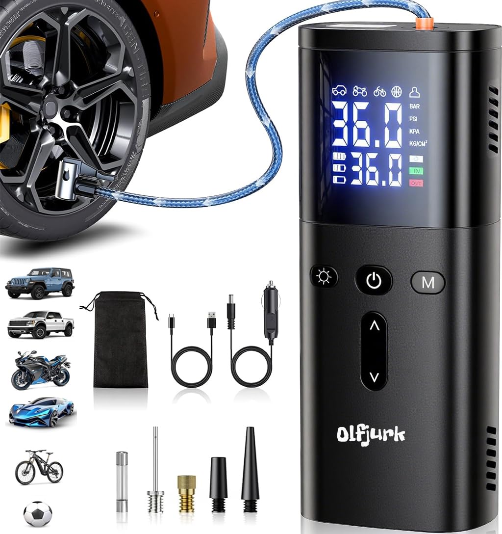Compressore Aria Portatile Auto, Mini Compressore Portatile Pompa Elettrica senza Fili da 150 PSI, Batteria Potente, Manometro Digitale, Luce LED e Funzione di Spegnimento Automatico
