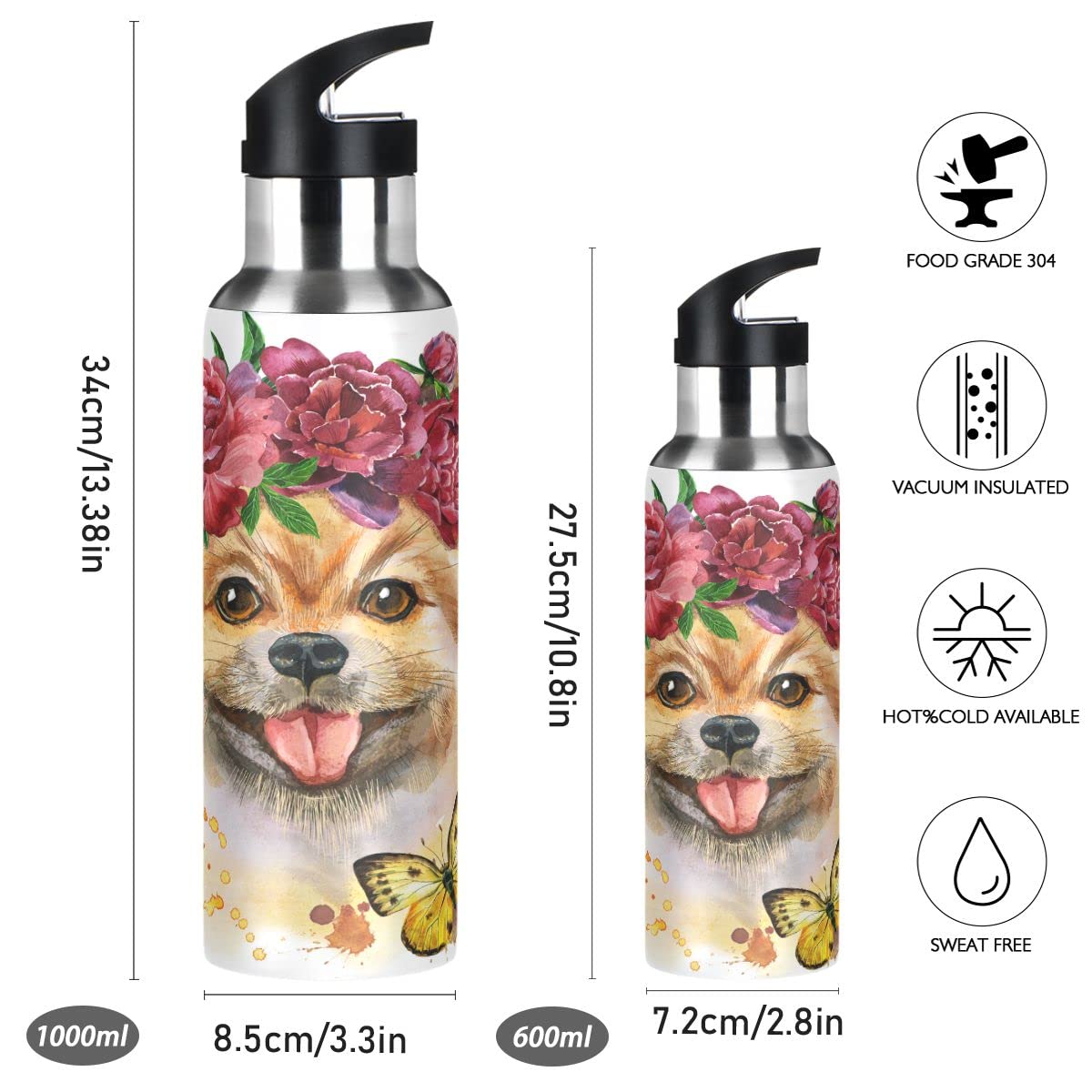 Edelstahl Wasserflasche mit Strohhalm, niedlicher Hund isolierte Trinkflasche Sport Wasserflasche für Kinder Erwachsene, auslaufsicher, 1L