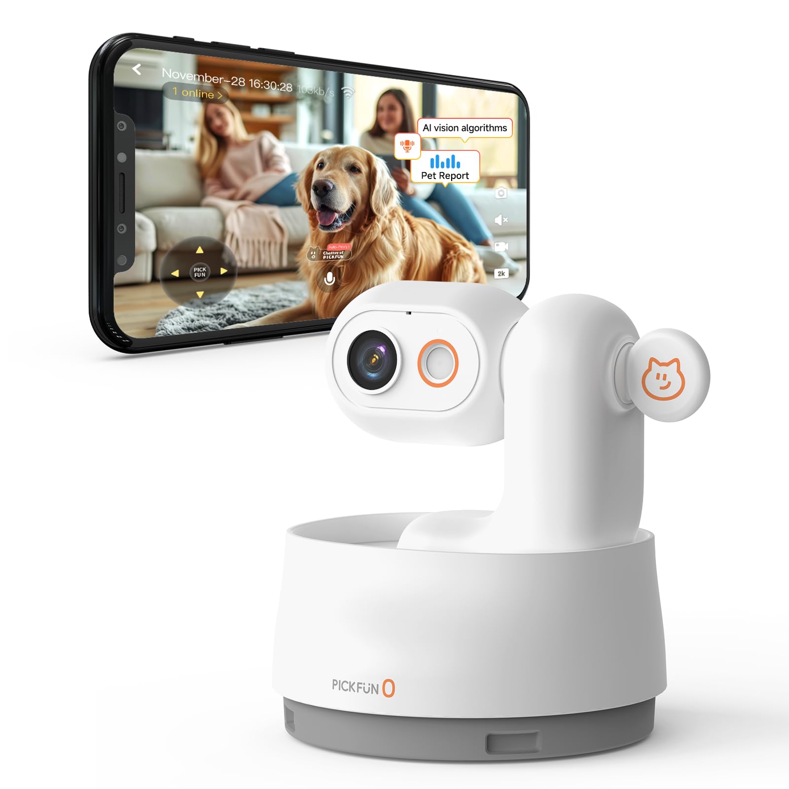 Cámara P0 AI para mascotas con seguimiento 2K, edición de grabación de video automática y alertas inteligentes, vista panorámica de 350° con visión nocturna, audio bidireccional, protección de