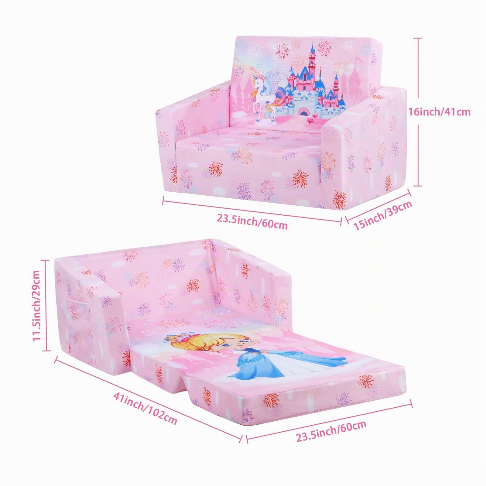 Sofás Plegables para niños Sillón con Respaldo Sillón 2 en 1, Sillón Infantil Cómoda Estable Ligero con Bolsillo de Tela, Sofá Cama Asiento para Bebé para Dormitorio Sala de Juegos, Castillo Princesa