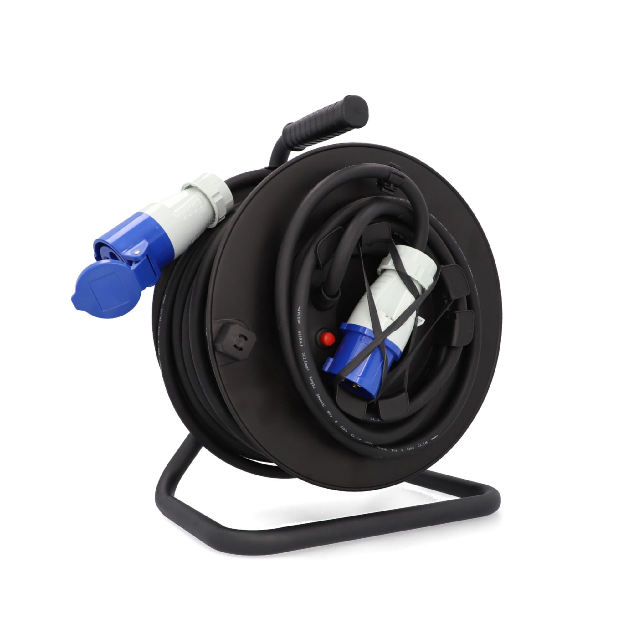 cartrend Explorer - Carrete alargador CEE con 1 enchufe CEE y 1 conector CEE, cable de extensión para uso duradero en acampadas y exteriores, con freno de estacionamiento, IP44, 25 m, color negro