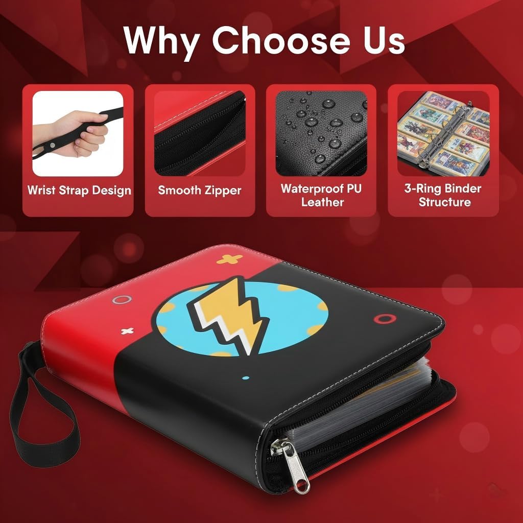 4 Pocket Trading Card Binder with Zipper, 400 Pockets 3-Ring Holder Album with Sleeves, Cool Lightning Bolt Design Portable Carrying Case Compatible with TCG/Sports Cards, Gift for Boys