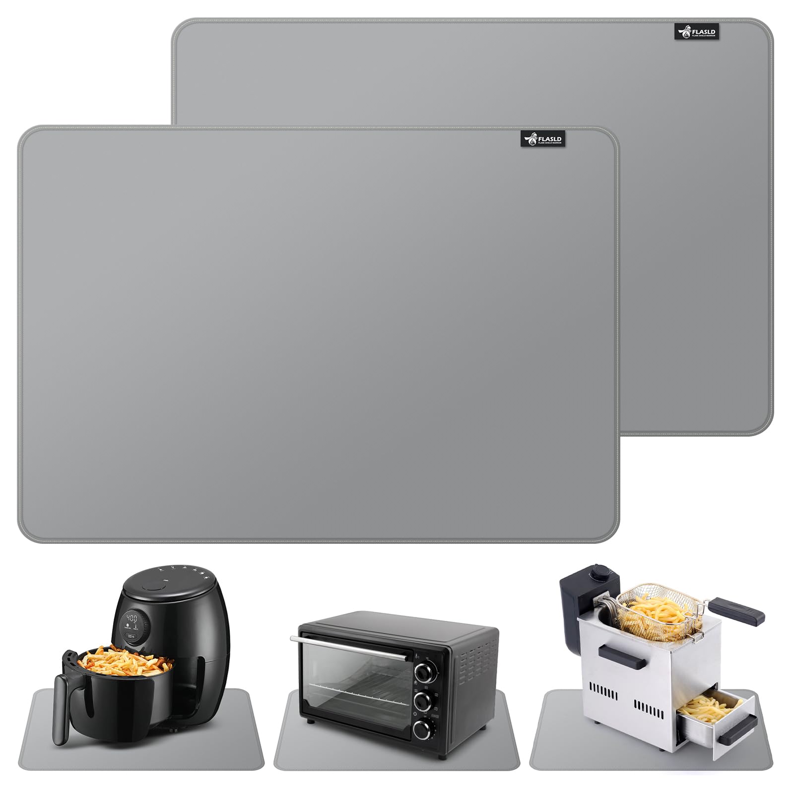 FLASLD 2Pack Heat Resistant Mat for Air Fryer Site on, 16"X24" Fireproof Silicone Mats for Kitchen Counter, Countertop Protector, No-slip and Waterproof Gray