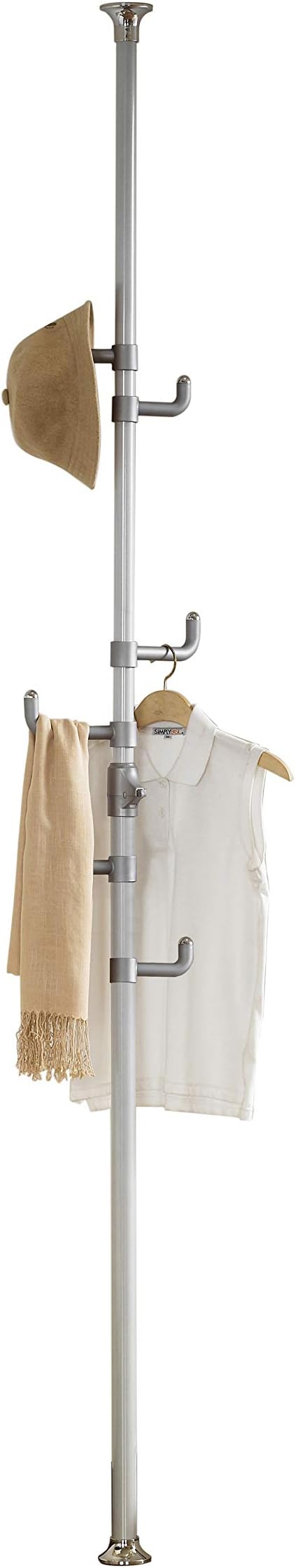 Vertical One-Touch Pole Coat Rack — 6 Independent Rotating Hooks (Silver)