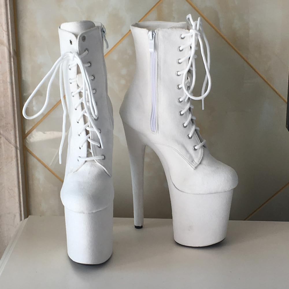 denova's Damskie buty na wysokim obcasie sznurowane duży rozmiar platforma striptizerka taniec na rurze buty do połowy łydki z zamkiem błyskawicznym, Biały zamsz, 42.5 EU