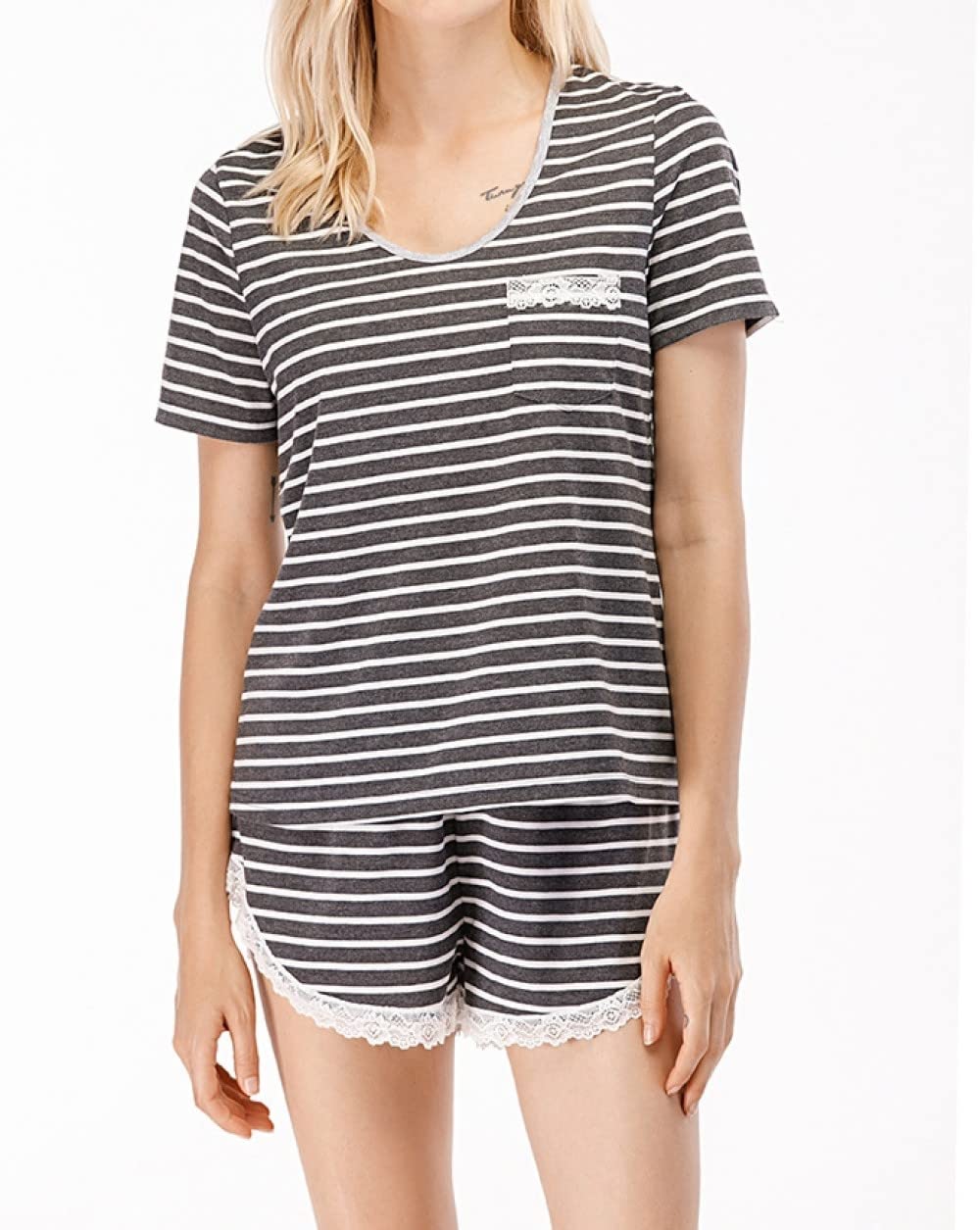 Pijama De Mujer Manga Corta,Pijama De Manga Corta Con Cuello Redondo Estampado Gris Para Mujer Conjunto De 2 Piezas Pijama Suave Y Cómodo Para Mujer Ropa De Descanso Regalo Del Día De La Madre Par