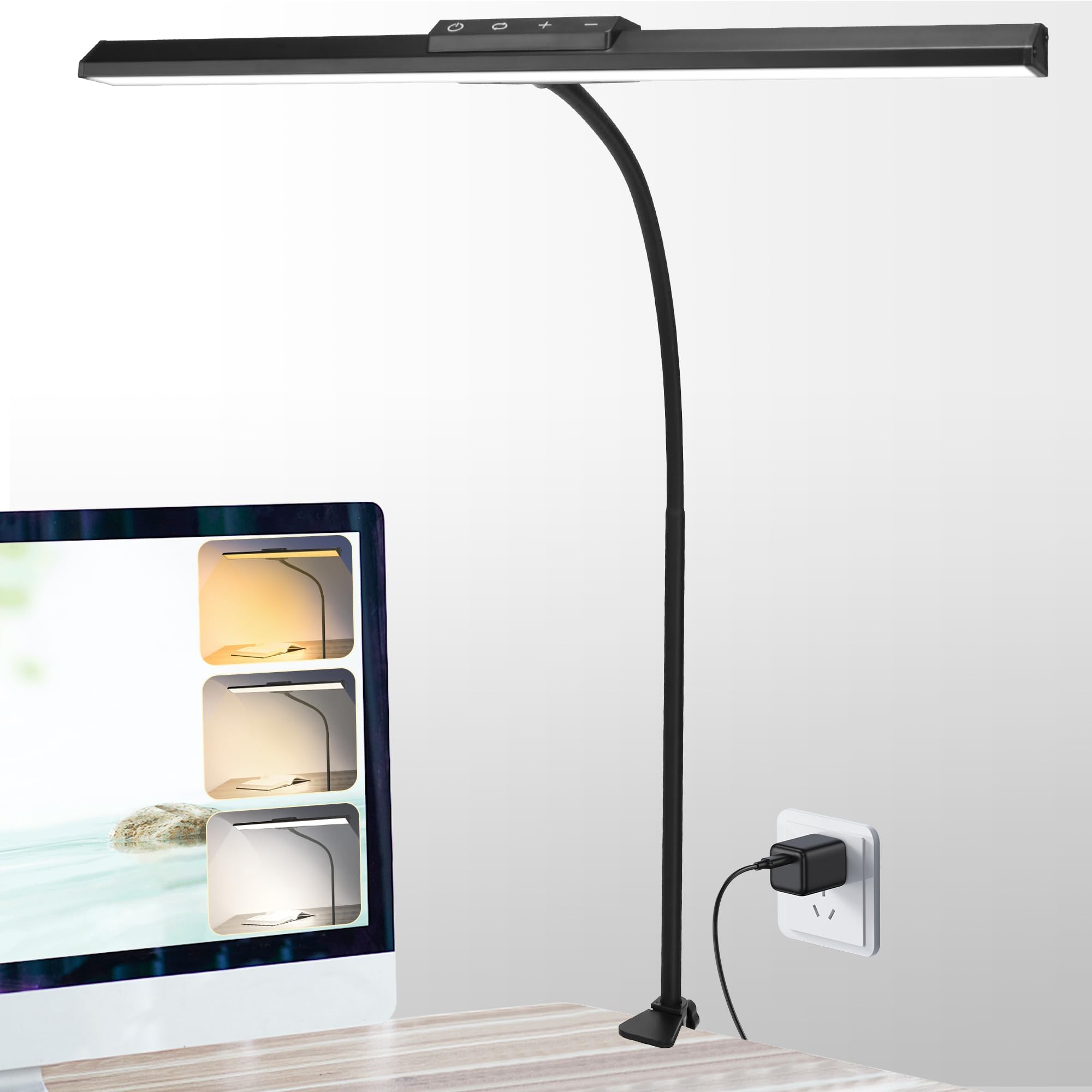 litrenDesk Lamps for Home Office Desk Light with Clamp Eye-Caring 3 Colors 10 Brightness Dimmable Swing Arm Clip on Office Desk Lighting for Studying Working Painting Reading Sewing Crafting-Black