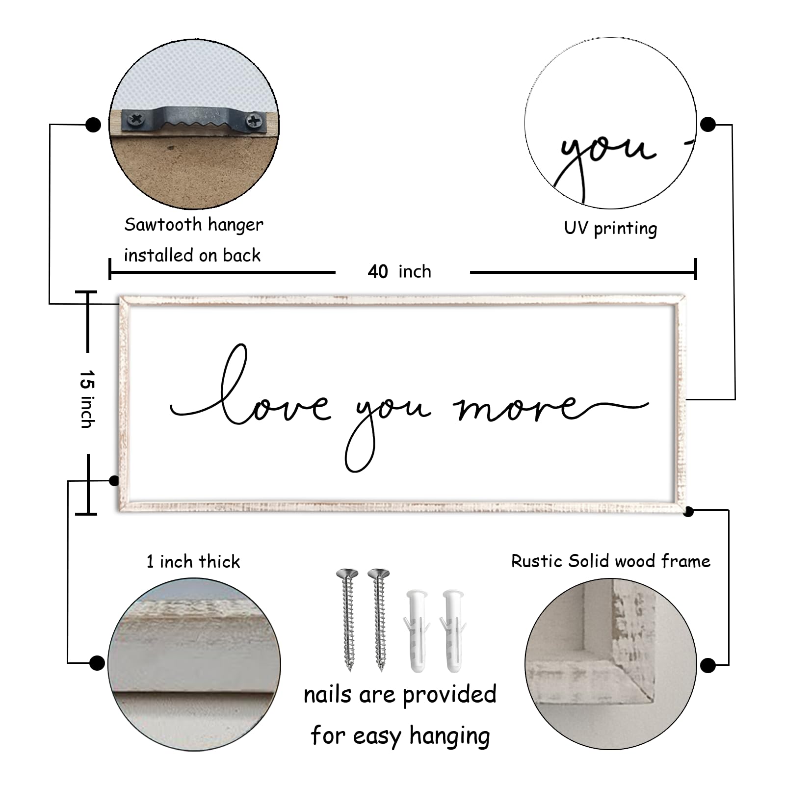 Targa decorativa da parete con scritta "Love You More", 101,2 x 38,1 cm, per camera da letto principale o camera degli ospiti, sopra il letto, per la casa, con cornice in legno, stile rustico, grande,