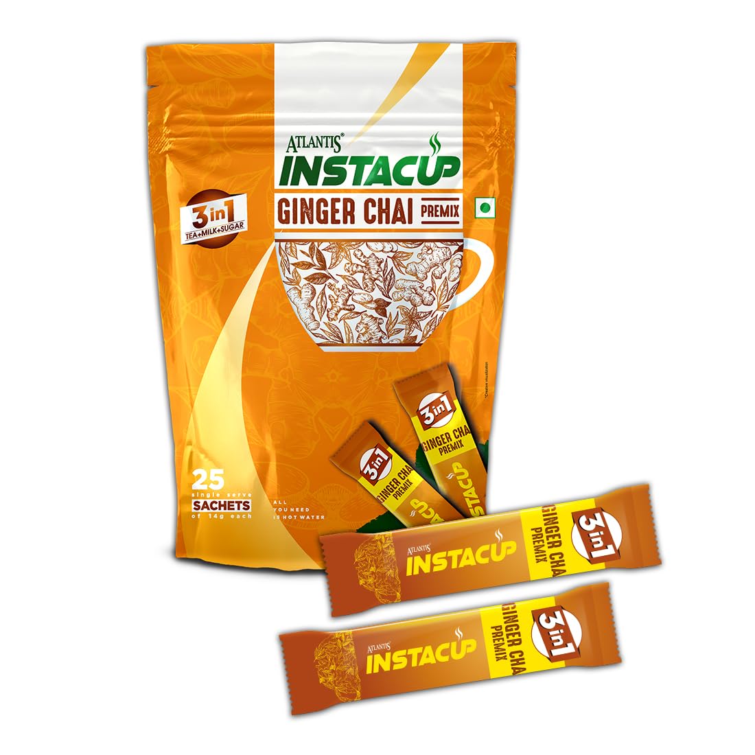 ATLANTIS Instacup Ginger Tea Premix Single Serve Sachets Pack | 25 Sachets X 14 Grams | Travel-Friendly Zipper Lock Pack | Just Add Hot Water & Stir