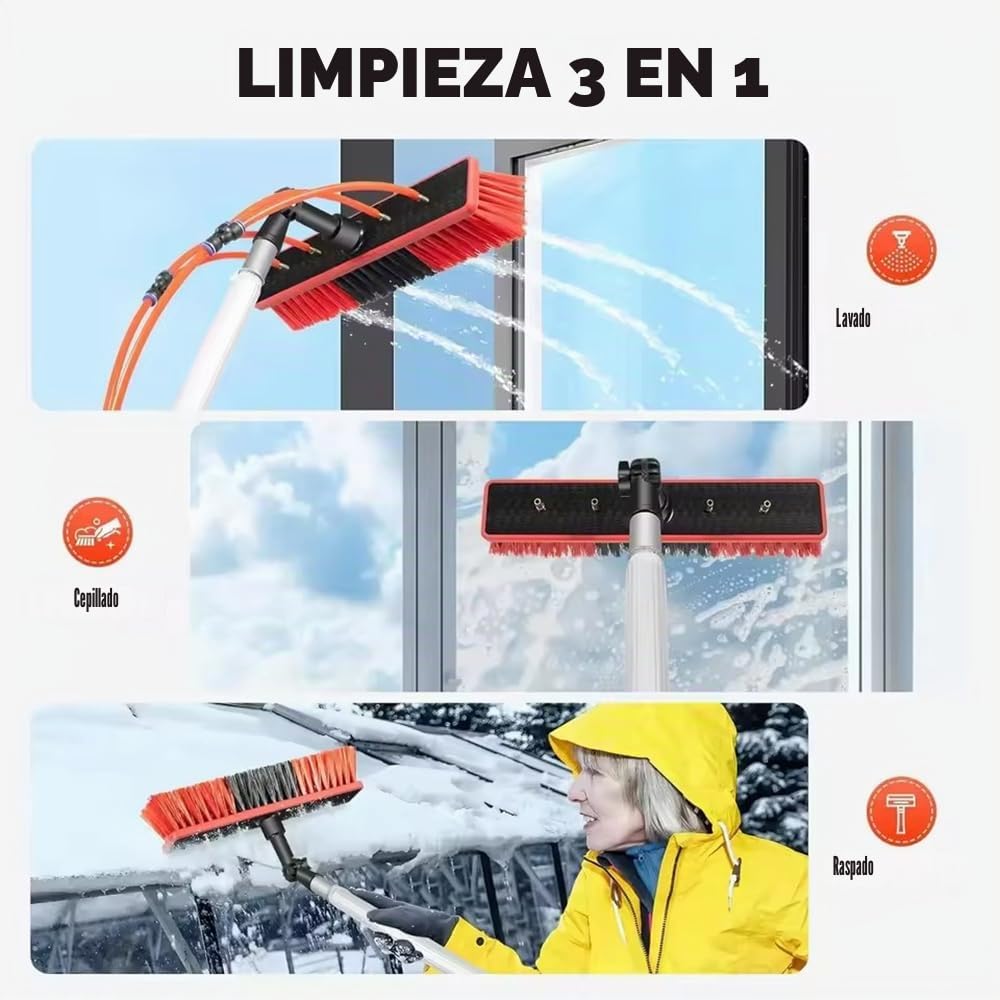 Palo Telescópico de Agua 10m con Cepillo Flexible 55cm|Cabezal Ajustable 180°|Incl Manguera Anticongelante 20m y Accesorios,con Bolsa de Almacenamiento|para Paneles Solares,Ventanas,Caravanas