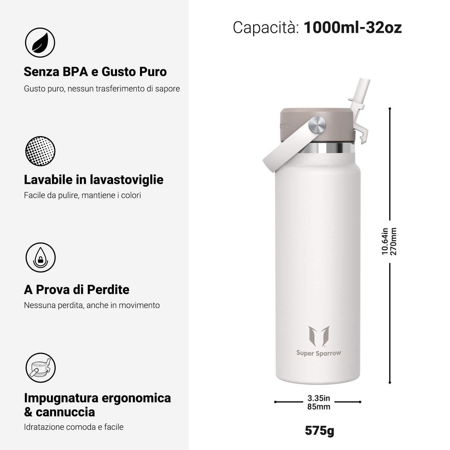 Sparrow Borraccia Termica - 500ml/750ml/1L/1.2L - SwivelSip Bottiglia Acciaio Inox - Senza BPA Borracce Termiche, Borraccia con Cannuccia Ergonomica per Scuola, Sportiva, Campeggio, Palestra