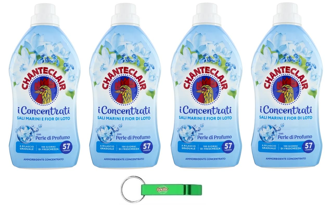 4 x Chanteclair I Concentrati – Ammorbidente concentrato, profumo di sale marino e fiore di loto, per vestiti morbidi e profumati – 57 lavaggi 1140 ml + portachiavi Beni Culinari