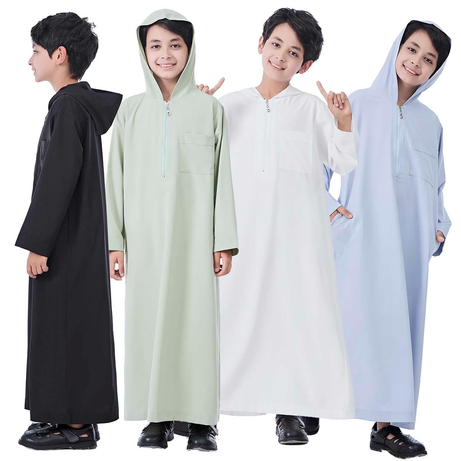 Eid ubrania dla chłopców z długim rękawem z kapturem biały Thobe zamek muzułmański szlafrok wygodny islamski arabski dubaj hidżab szlafrok Jubba na meczet Eid ul-Fitr nabożeństwa i uroczystości