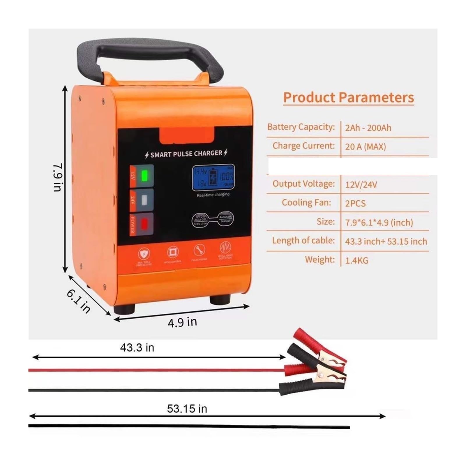 Ładowarka Baterii, Przenośna ładowarka samochodowa 600W ładowarka samochodowa 12V 24V uniwersalna 50A/30A szybkie ładowanie urządzenie do ładowania baterii do samochodu ciężarowego SUV(Oranje)