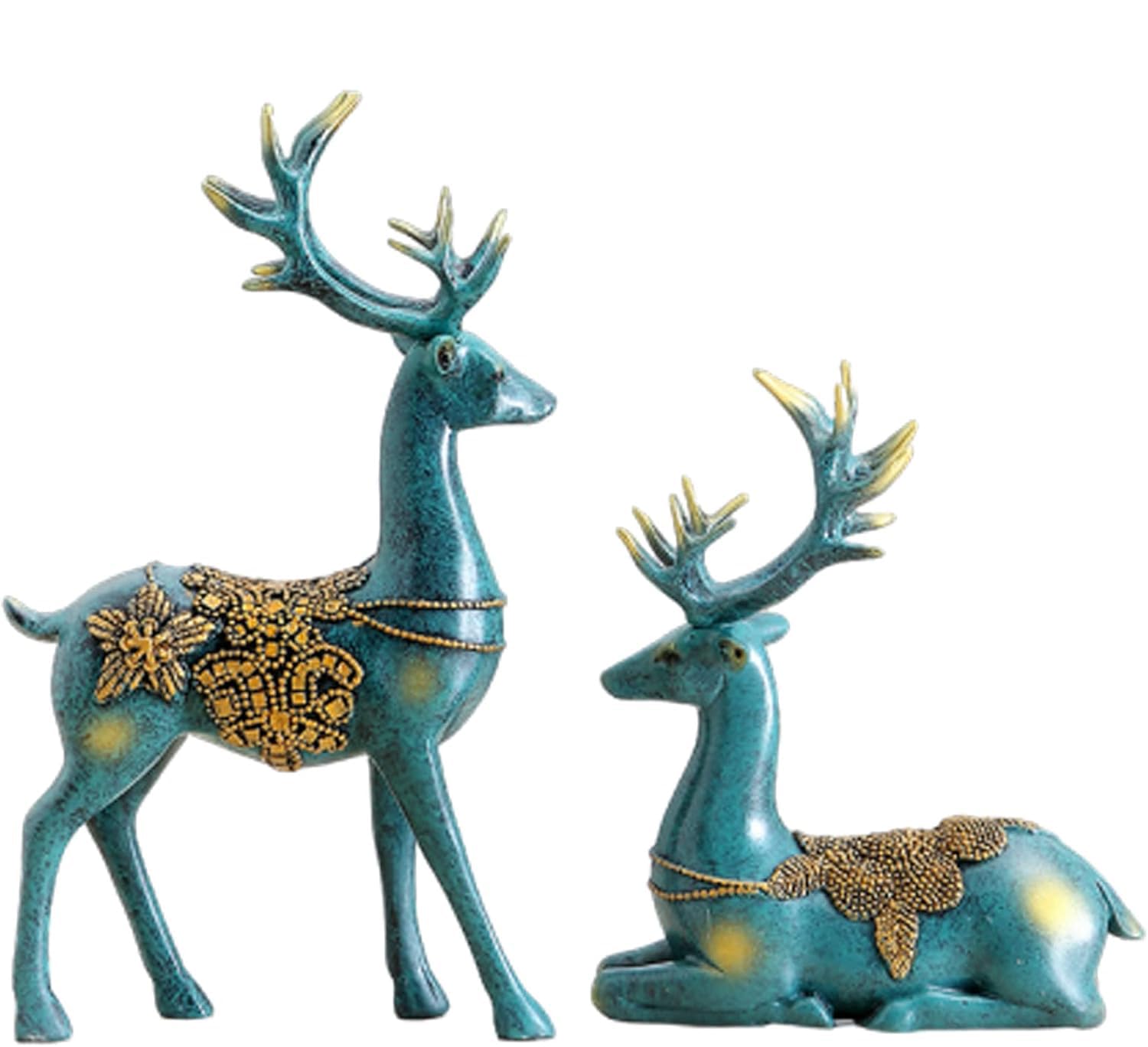 2 figuras de reno de Navidad, esculturas de reno de resina de pie y sentado para decoración del hogar de vacaciones y Navidad (azul, talla única)