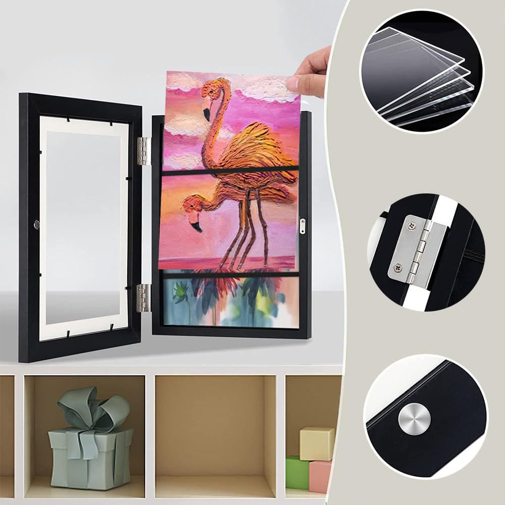Cornice Disegni Bambini, Cornice da Disegni per Bambini da cambiare, Disegni Bambini Cornice A4, Frontale Cornice Portafoto Artistica Apribile, per Conservare e Presentare i Disegni (Nero)