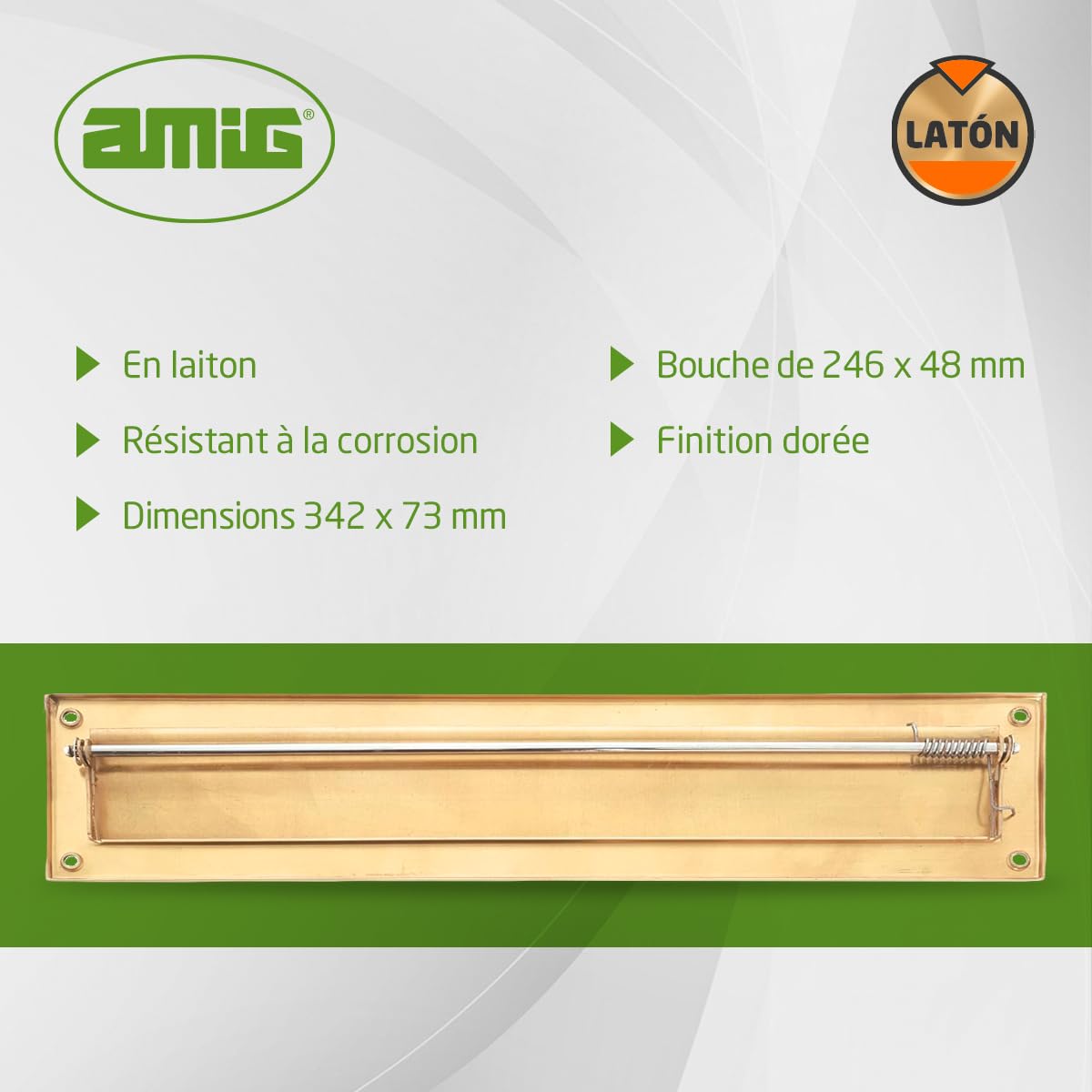 Amig - Passe-Lettres Doré Mod. 2 - Volet pour Murs ou Portes - Réceptacle à Courrier Con Capot en Laiton - 342 x 73 mm - Ouverture: 312 x 43 mm - Couleur Or Poli - Fente pour Lettres