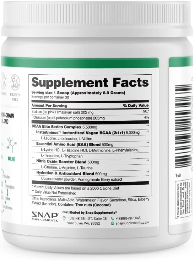 Snap BCAA Powder Essential Amino Supplement with Nitric Oxide Booster - Pre Workout Powder, Recovery Supplements Post Workout, Muscle Strength, BCAA for Women & Men (30 Servings)