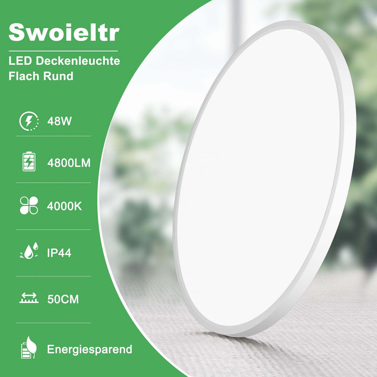 Deckenlampe LED Deckenleuchte Flach Rund, Ø50CM Deckenlampe LED 48W 4800LM 4000K Neutralweiß IP44 Wasserdicht Badezimmer Lampe, Badlampe Decke für Bad Küche Flur Schlafzimmer Keller