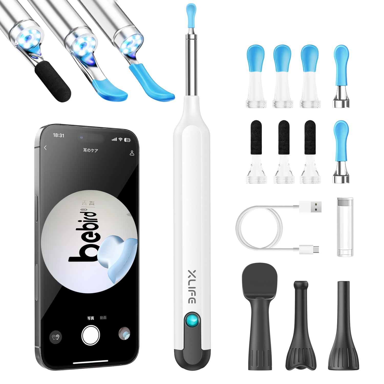 Bebird 新世代XliFE 九月登場 耳かき カメラ付き|12本セット|乾性・湿性耳垢の両方に対応|1000万画素|耳口鼻観察セット付属|明るさ調節可能LEDライト付き|極細3.5mm レンズ|IP67防水|耳垢取り|耳掃除 |イヤースコープ|子供 大人 ホワイト